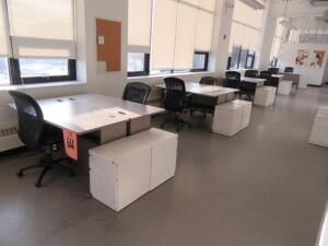 (9) DESKS, (9) CHAIRS , ( 9) 2 DRW FILE CABINETS