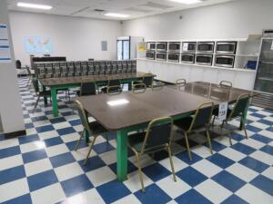 (3) HEAVY DUTY METAL TABLE W/ GRANITE TOP AND (26) CHAIRS 110" X 45" X 28" (4650 OAKLEYS LN HENRICO, VA 23231)