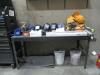 (LOT) ASSORTED WELDING ACCESSORIES (GLOVES, JACKETS, MASKS, GLASSES, RODS, NOZZLES AND STEEL TABLE