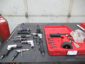 (LOT) ASSORTED AIR HAND TOOLS (DRILLS, GRINDERS, SAW, SHEER AND STAPLE GUN)