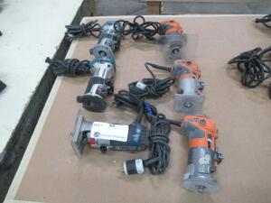 (6) ASSORTED RIGID, MAKITA AND BOSCH ROUTERS