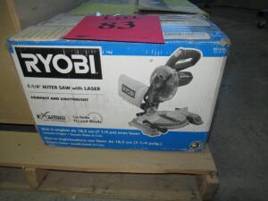 (LOT) RYOBI 7 1/4" MITER SAW, RYOBI 10" TABLE SAW WITH STAND AND ASSORTED CLAMPS
