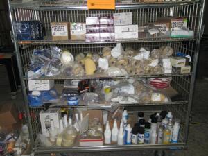 (LOT) ASSORTED SAND PAPER, LATEX GLOVES, EAR PLUGS, CLEANING SUPPLIES, GLUE, PAINT ROLLERS, TAPE, MASKS, ETC.