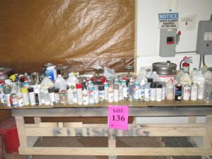 (LOT) ASSORTED PAINT, GLUE, TAPE, SAND PAPER, PAINTING ACCESSORIES, CABINETS, TOOL BOX, TABLES ETC.