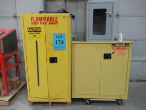 (LOT) 2 FLAMMABLE STORAGE CABINETS WITH ASSORTED PAINT, ALCOHOL, GLUE, FINISH, ADHESIVE, DEGREASER ETC.