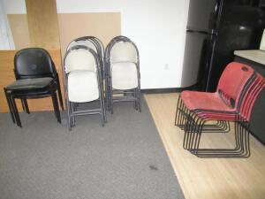 (LOT) CONTENTS OF ROOM, CHAIRS, TABLES, REFRIGERATOR AND MICROWAVE