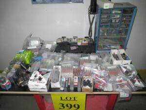 (LOT) ASSORTED ROUTER INSERTS, BITS, CUTTERS, DRILLS, AND COLLETS