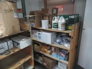 (LOT) ASSORTED GLUE, GLOVES, CLEANING SUPPLIES, TAPE MEASURES, POWER SUPPLY'S CARTS AND CABINET INCLUDED