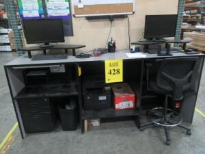(LOT) ASSORTED OFFICE FURNITURE, STORAGE CABINETS, CHAIRS, REFRIGERATOR, MICROWAVE AND MONITORS