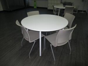 (2) LEALAND FAST TABLE 48" ROUND TABLE WITH (8) SIT ON IT RIO LATTE SHELL CHAIRS