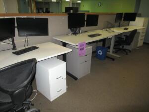 (LOT) (6) ASSORTED HEIGHT ADJUSTABLE DESKS WITH CHAIRS, FILE CABINETS, BOOKCASES, PANELS