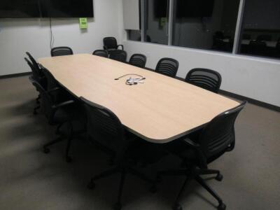 12' FOOT CONFERENCE TABLE WITH 12 CHAIRS AND SMALL REFRIGERATOR