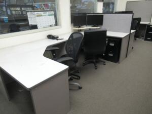 (LOT) ASSORTED OFFICE FURNITURE, MONITORS AND REFRIGERATOR