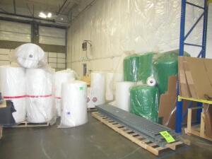 (LOT) ASSORTED PACKING EQUIPMENT, BUBBLE WRAP, FOAM CUSHIONING, SHRINK WRAP, TAPE, TAPE DISPENSERS, AND BOXES (MUST BE PICKED UP BY DECEMBER 16, 2019)