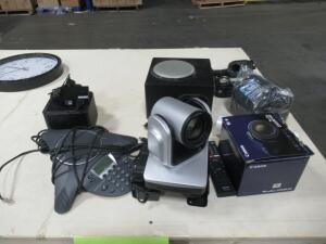 (LOT) (1) AVER CONFERENCING CAMERA, (1) REVOLABS CONFERENCING SPEAKER, (1) POLYCOM SOUNDSTATION IP6000 AND (1) SONY POWERSHOT SX530 HS CAMERA
