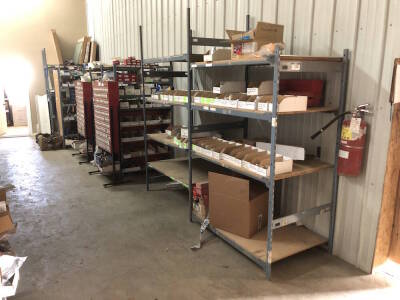 Lot of Asst. Part Shelving, Parts Bins w/ Contents including Windows, Parts Inventory, Fasteners, etc. Located at 310-2nd Ave. Fox Creek, AB T0H 1P0