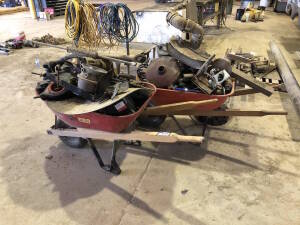 Lot of (2) Wheel Barrows w/ Asst. Contents including Asst. Parts, Pipe, Fittings, etc. Located at 310-2nd Ave. Fox Creek, AB T0H 1P0