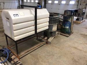 Lot of Poly Tank w/ Steel Stand, Garbage Barrels, (2) Parts Washers, U-Bolts, Ducting, Batteries, Test Bench, etc. Located at 2020 1st Ave. Edson, AB, T7E 1T8