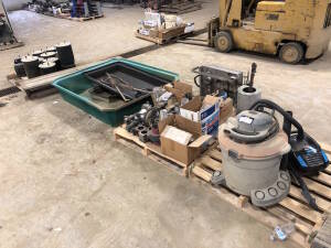 Lot of Asst. Suspension Air Bags, Drip Trays, Fittings, Shop Vacuum, Crane Block, Hose Clamps, Filters, etc. Located at 2020 1st Ave. Edson, AB, T7E 1T8