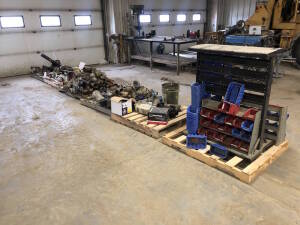 Lot of (6) Pallets of Asst. Fittings, Parts Bins, Pumps, Valves, etc. Located at 2020 1st Ave. Edson, AB, T7E 1T8
