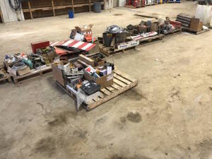 Lot of (7) Pallets of Asst. Parts, Lights, CB Radios, Fittings, Hose, Safety Signs, D-Sign, Lifting Hooks, Cable, Chain, Chock Blocks, Flare Kits, Butterfly Valves, etc. Located at 2020 1st Ave. Edson, AB, T7E 1T8