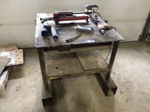 Lot of Steel Welding Table w/ DeWalt Electric Drill, DeWalt Electric Reciprocating Saw, Electric Sander, Hydraulic Pump, Grease Gun, etc. Located at 2020 1st Ave. Edson, AB, T7E 1T8