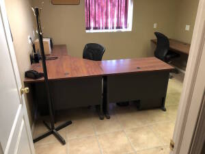 L-Shaped Desk w/ (2) Task Chairs, Coat Rack, Side Table, Side Chair, Filing Cabinet, etc. Located at 5603-50 Ave. Warburg, AB T0C 2T0