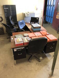 Lot of Asst. Parts Cases, (2) Desks, (4) Task Chairs, File Cabinet, Velocity Computer w/ Monitor etc. Located at 5603-50 Ave. Warburg, AB T0C 2T0