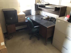 Lot of Asst. Desks, Filing Cabinets, Canon Printer, Book Shelf, Mini Fridge, Velocity Computer w/ (2) Monitors, Coffee Machine, Microwave, Water Cooler, Coffee Supplies, etc. (Camera System and Screen Not Included) Located at 5603-50 Ave. Warburg, AB T0C 