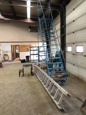Lot of Warehouse Stairs, Aluminum Extension Ladder, Step Stool, etc. Located at 5603-50 Ave. Warburg, AB T0C 2T0