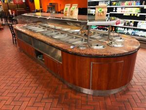 Stainless Self-Serve Food Warming Station w/Granite Tops, Glass Sneeze Guard, Wood Grain Siding; 16'L x 6'W x 53"H