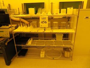 LOT ASST'D LAB GLASSWARE, BEAKERS, FLASKS, FUNNELS, WITH (2) WIRE RACKS AND SMALL LAB TABLE, (YELLOW LAB)