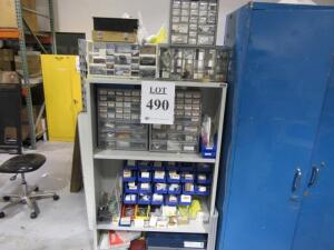 LOT OF ASST'D SCREWS, WASHERS, NUTS, BOLTS W/ CABINET AND (1) WIRE RACK W/ ASST'D METAL (MACHINE SHOP)