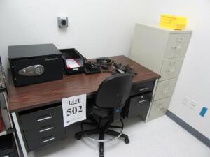 METAL DESK WITH STOOL, SENTRY SAFE, AND 4-DRAWER FILE CABINET