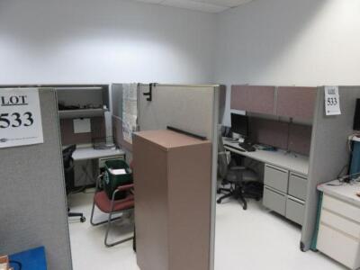 LOT 3-PEROSN DOUBLE SIDED MODULAR WORK STATION WITH CHAIRS AND MONITORS, PLUS METAL DESK, (NO CONTENTS), (LAB NEXT TO FRONT OFFICE)