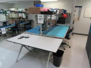 LOT (QTY.2) 10'FT DOUBLE SIDED WORK TABLES WITH (8) LAB STOOLS, (1) 5'FT LAB TABLE, (NO CONTENTS), (UPSTAIRS FRONT OFFICE)