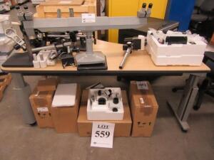 LOT OF ASST'D MICROSCOPES W/ STANDS AND TABLE (WAREHOUSE)