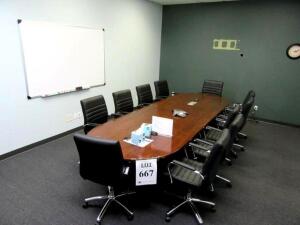 CONFERENCE TABLE 144" X 47", (11) BLACK CHAIRS AND CREDENZA 71" X 20" X 30"