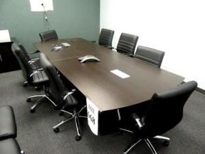 CONFERENCE TABLE 117" X 48", (8) BLACK CHAIRS AND CABINET 35" X 21" X 29"