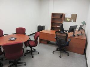 WOOD DESK W/ OFFICE CHAIR, (1) BOOKCASE, (1) ROUND TABLE, (1) MINI FRIDGE AND (6) OFFICE CHAIRS(FURNITURE ONLY)