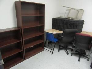 LOT OF ASST'D FURNITURE (5) WOOD TABLES (2) BOOKCASE, RUBBER MATES, AND CHAIRS