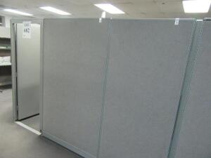 (1) 2 PERSON MODULAR WORKSTATION W/ PANEL DOOR, (3) 1 PERSON MODULAR WORKSTATION W/ PANEL DOOR AND ASST'D CHAIRS (FURNITURE ONLY)