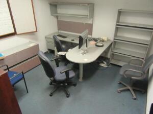 WOOD DESK (1) OFFICE CHAIR, (1) 2 DRAWER CABINET, (2) BOOKCASE AND ASST'D OFFICE CHAIRS (FURNITURE ONLY) (2ND FLOOR)