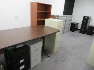LOT OF ASST'D METAL FILE CABINETS, (2) 5 DRAWER CABINET, (7) DRAWER, (2) 2 DRAWER, WOOD TABLE AND BOOKCASE