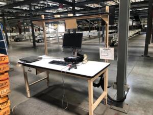 LOT OF 7 WORK TABLES WITH UPPER SHELF, (LOT IS FURNITURE ONLY, LOT DOES NOT INCLUDE ANY IT EQUIPMENT OR ELECTRONICS)