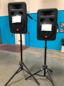 LOT OF 2, JBL EON POWERED SPEAKERS W/STANDS, MODEL EON15 G2