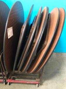 LOT OF 7, ROUND FOLDING TABLES, 60" DIAMETER, WITH CART