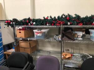 LOT, CONTENTS OF ROOM, CHROME METRO RACKS, CHRISTMAS DECORATIONS, CHAIRS, STEEL CABINETS, OTHER MISC.