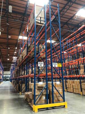 LOT, PALLET RACKING, 2 BACK TO BACK CONNECTED ROWS, CONSISTING OF 40 UPRIGHTS 34" WIDE X 25' TALL, 304 BEAMS 9' LONG. MAY NEED SPRINKLER AND OR ELECTRIC REMOVED.