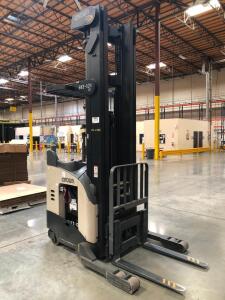 CROWN STAND UP REACH TRUCK, MODEL RR5225-45-300, SERIAL # 1A322483, WITH BATTERY, HOURS 4694, WITH MOTOROLA VC5090, WITH SYMBOL LS3578-ER20005WR (THIS LOT HAS A DELAYED PICK UP UNTIL 7-28-20)